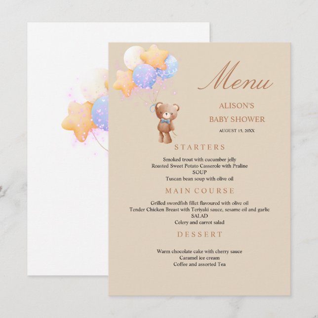 Menu de Balões de Ursinho de Pelúcia para Chás de  (Frente/Verso)