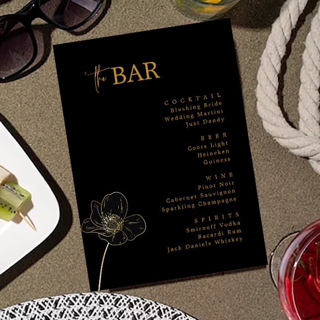Menu de Bar de Bebidas Negras e Douradas Minimalis (Minimalist Black & Gold Wedding Drinks Bar Menu)