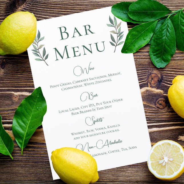 Menu de Bar de Casamento Botânico Simples com Folh (Criador carregado)