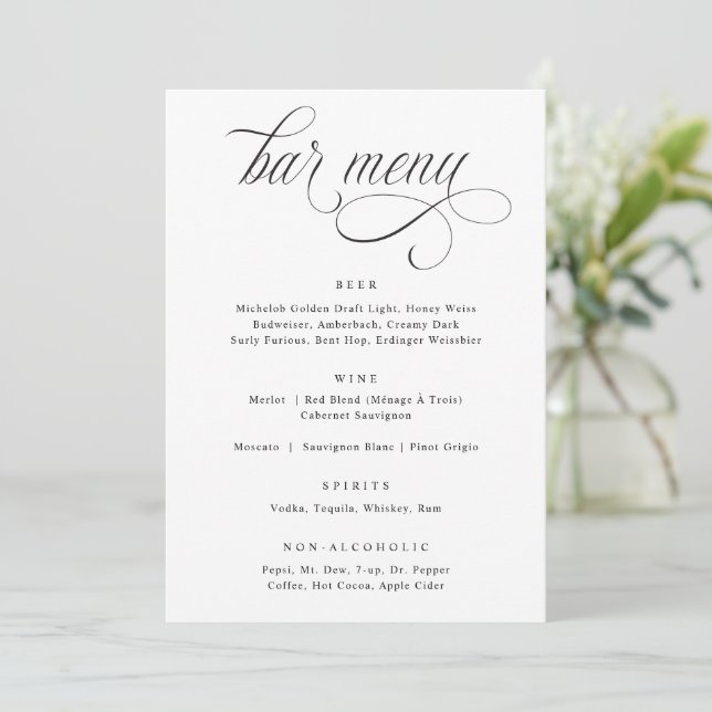 Menu de Bar de Casamento de Luxo com Caligrafia El (Em pé/Frente)