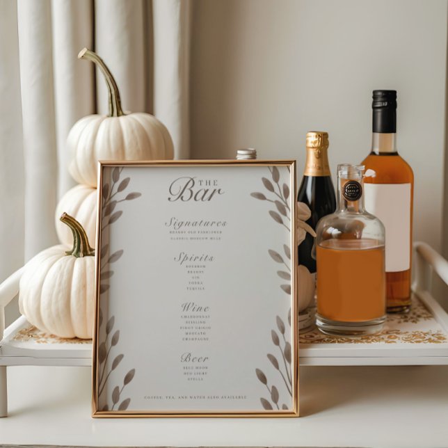 Menu de Bar de Casamento de Marfim e Ash Botânico  (Criador carregado)