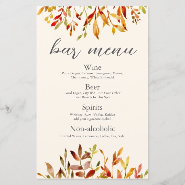 Menu de Bar de Folhas Personalizadas de Casamento  (Frente)