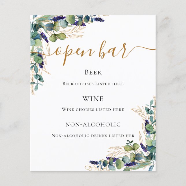 Menu de bar elegante Eucalyptus greenery (Frente)