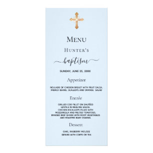 Menu de Batismo azul claro menino cruz dourada