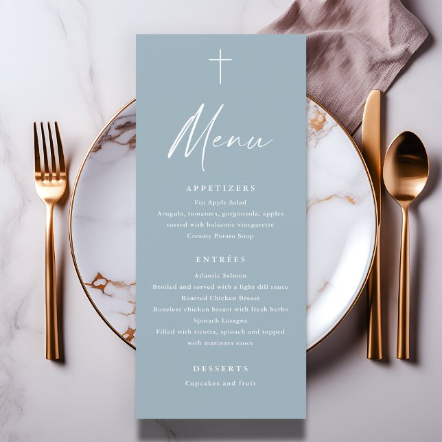 Menu de Batismo em Azul Desbotado com Letra Modern (Modern script dusty blue baptism menu.)
