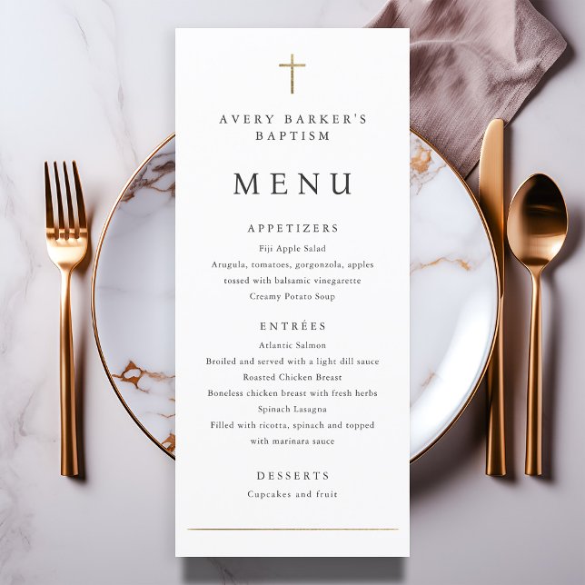 Menu de Batismo Simples Minimalista de Ouro (Simple Minimalist Gold Cross Baptism Menu.)