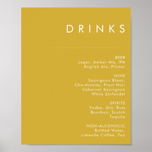 Menu de Bebidas Douradas Mínimas Modernas Poster (Frente)