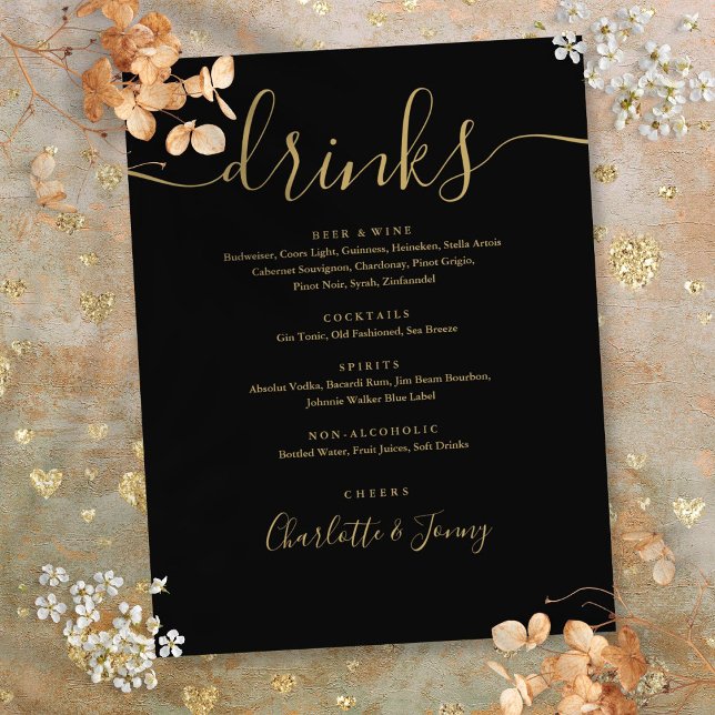 Menu de Bebidas Nuptivas de Casamento de Script Mo (Black And Gold Modern Script Wedding Drinks Menu Flyer)
