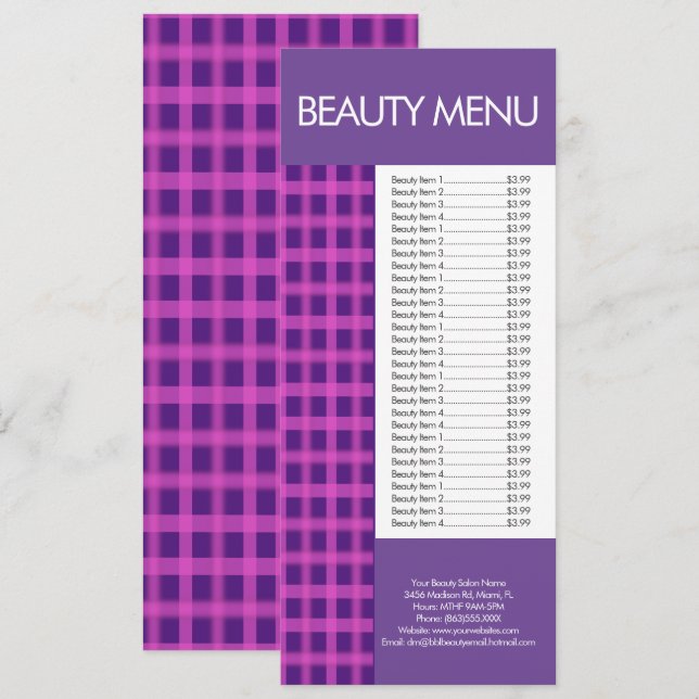 Menu de Beleza Moderna com Xadrez Roxo e Rosa (Frente/Verso)