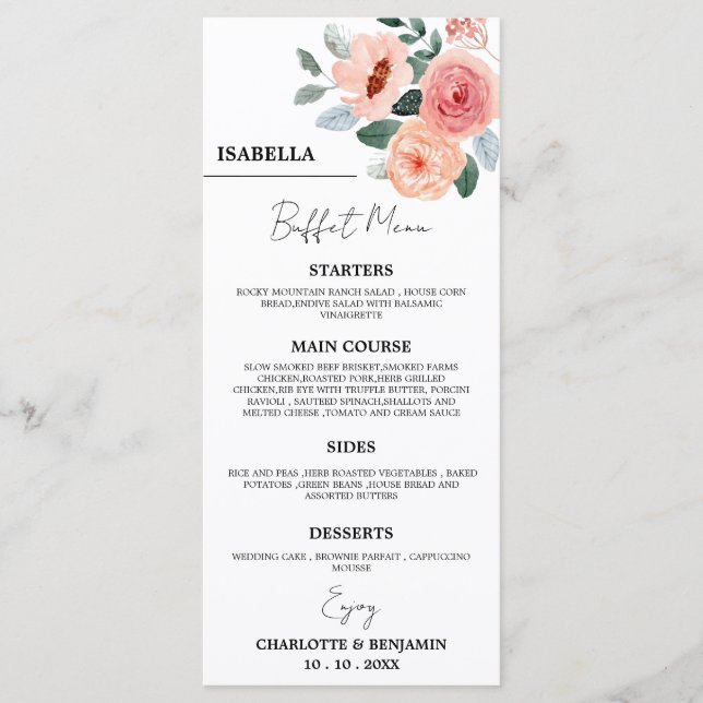 Menu de Buffet de Casamento Floral com Nome do Con (Frente)