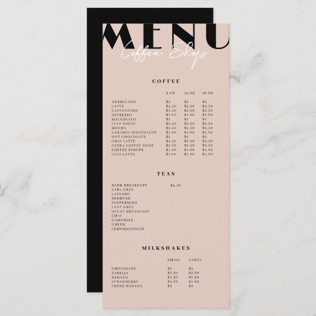 Menu de Café Minimalista Moderno (Frente/Verso)