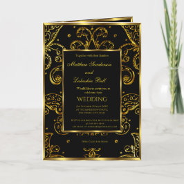 Menu de Cartão Preto Dourado de Casamento Popular