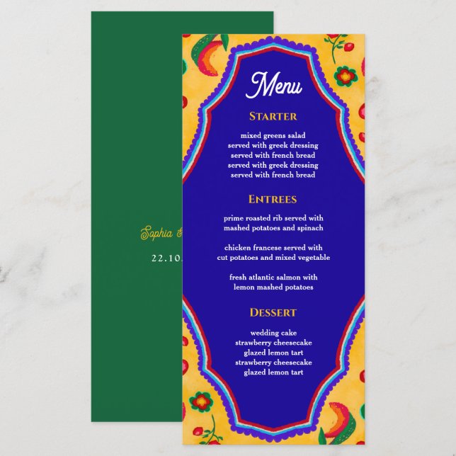 Menu de casamento amarelo mexicano (Frente/Verso)