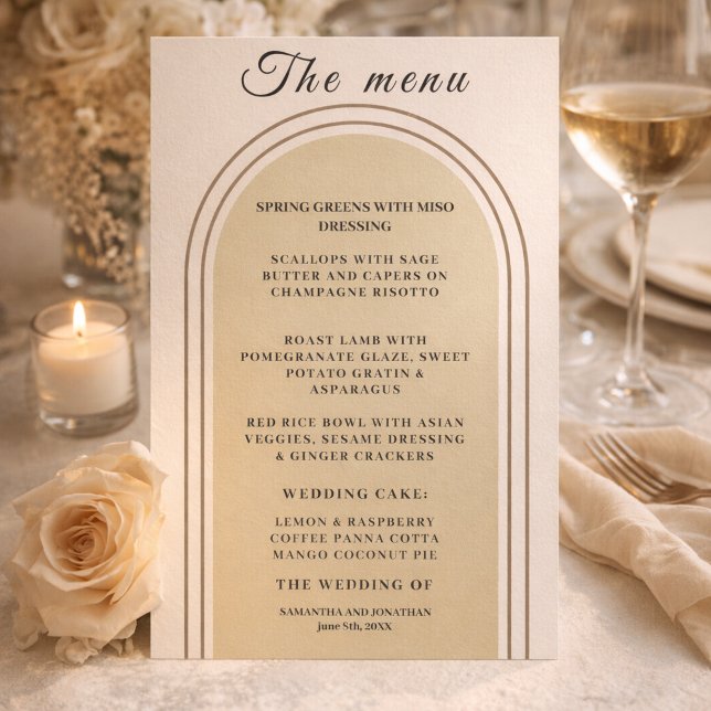 Menu de Casamento Arco Bege Areia Elegante Minimal (Minimalist Elegant Sand Beige Arch Wedding Menu Card)