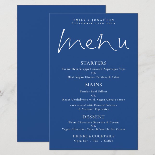 Menu de Casamento Azul Branco do Script Na moda de (Frente/Verso)