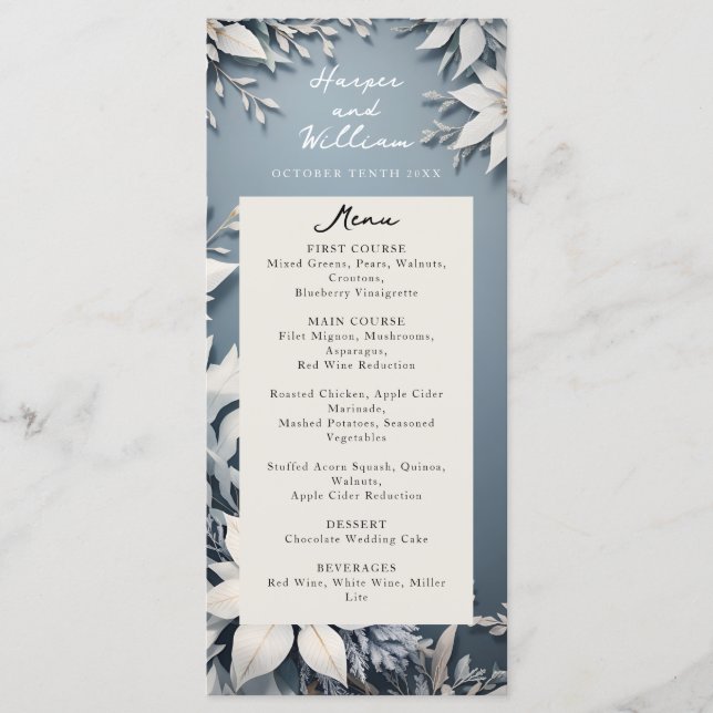 menu de casamento azul-casamento no inverno e bran (Frente)
