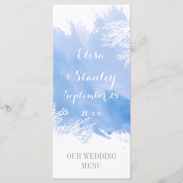 Menu de casamento azul de recife de coral com mola (Frente)