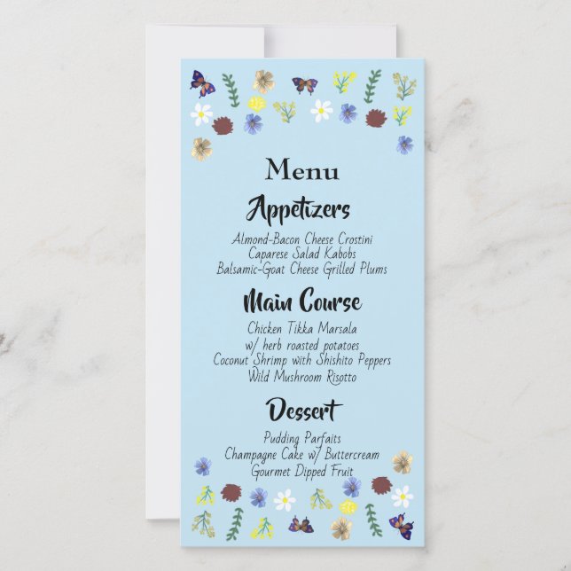 Menu de Casamento Azul do Jardim Floral Botânico (Frente)
