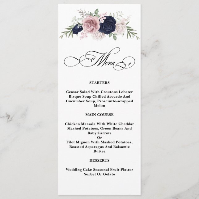 Menu de Casamento Azul do Marinho Blush Elegante C (Frente)