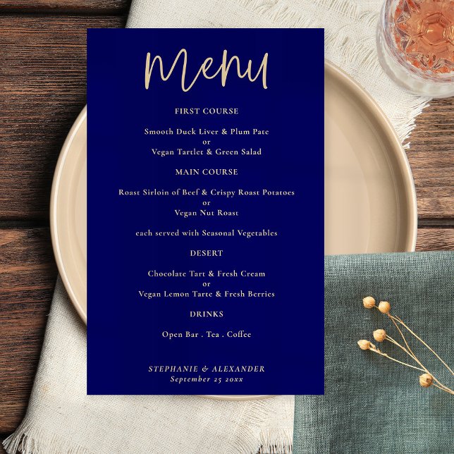 Menu de Casamento Azul do Marinho de Script Dourad (Criador carregado)