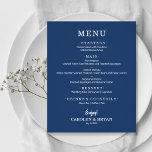 Menu de Casamento Azul do Marinho Elegante Simples<br><div class="desc">Um pequeno barato, um cartão de menu azul de marinho de papel de valor com suas escolhas de comida em letras brancas chic é perfeito para uma recepção de casamento moderna, janto de ensaio de casamento, festa de aniversário ou qualquer evento especial com um janto sit-down. *Mede 4, 5" x...</div>