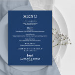Menu de Casamento Azul do Marinho Elegante Simples<br><div class="desc">Um documento de valor de barato de 80 lb. de peso, essas pequenas placas de menu de janto azuis de marinho apresentam suas opções de comida em letras brancas quentes. Perfeito para uma recepção de casamento moderna, janto de ensaio de casamento, festa de aniversário, ou qualquer evento especial com um...</div>