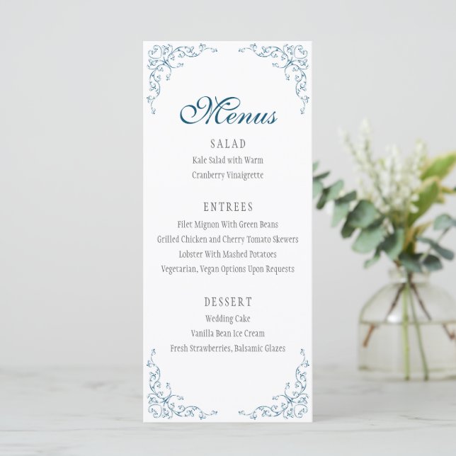 Menu de Casamento Azul do Oceano Floreio Elegante (Em pé/Frente)
