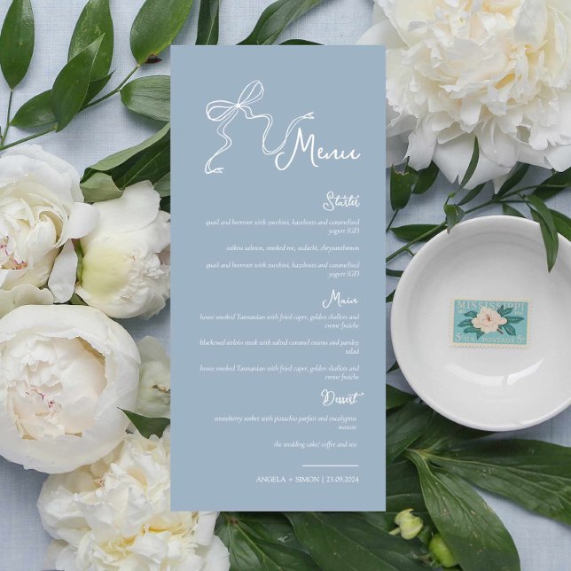 Menu de Casamento Azul Dusty com Arco desenhado à  (Criador carregado)