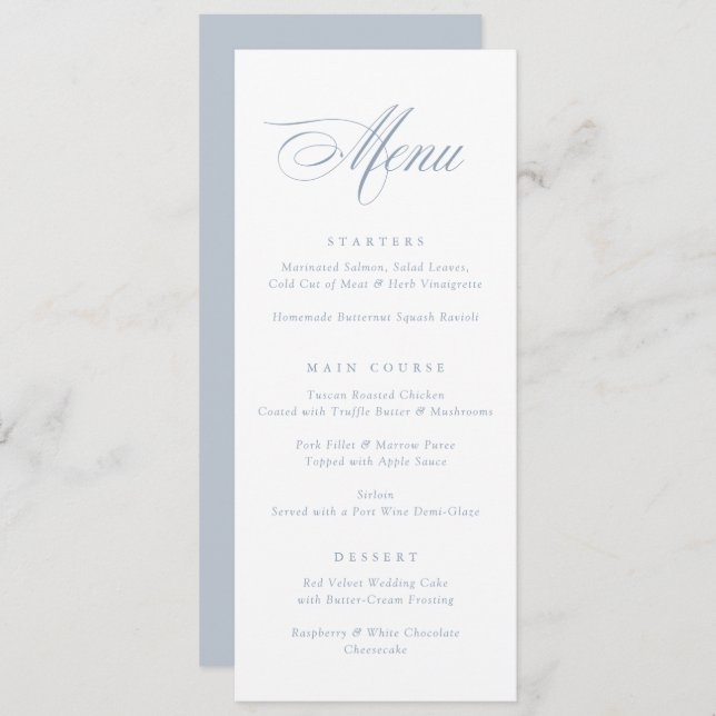 Menu de Casamento Azul Dusty do Script de Caligraf (Frente/Verso)