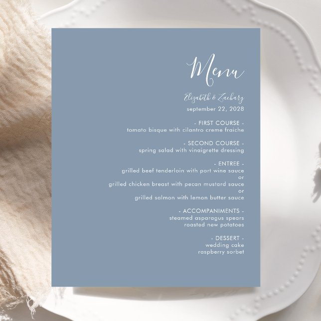 Menu de Casamento Azul Dusty do Script Moderno de  (Criador carregado)
