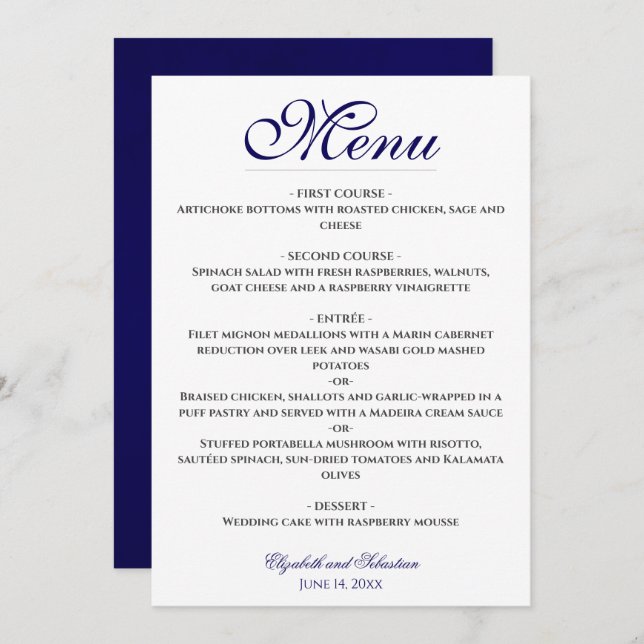 Menu de Casamento Azul e Branco do Marinho Eleganc (Frente/Verso)