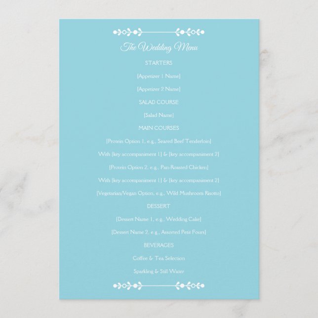 Menu de Casamento Azul e Branco Moderno (Frente)