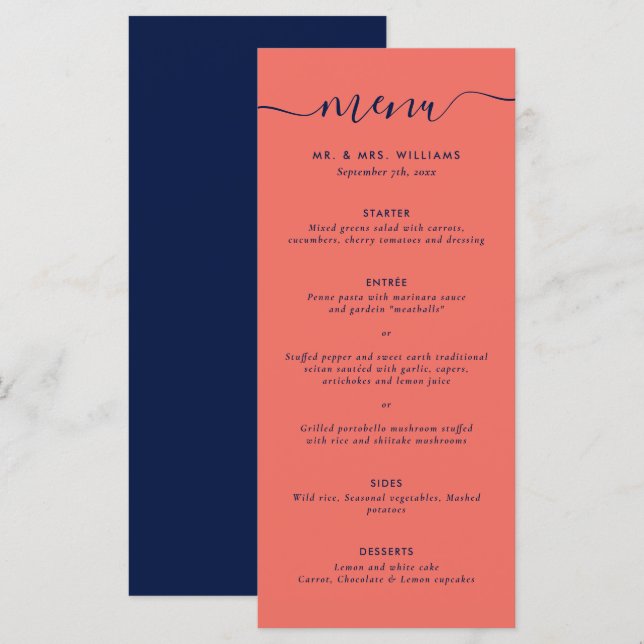 Menu de Casamento Azul e Coral do Marinho Moderno (Frente/Verso)