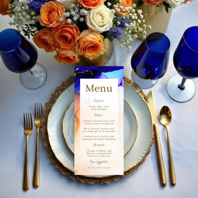 Menu de Casamento Azul e Laranja do Sapphire Moder (Modern Sapphire Blue and Orange Wedding Menu.)