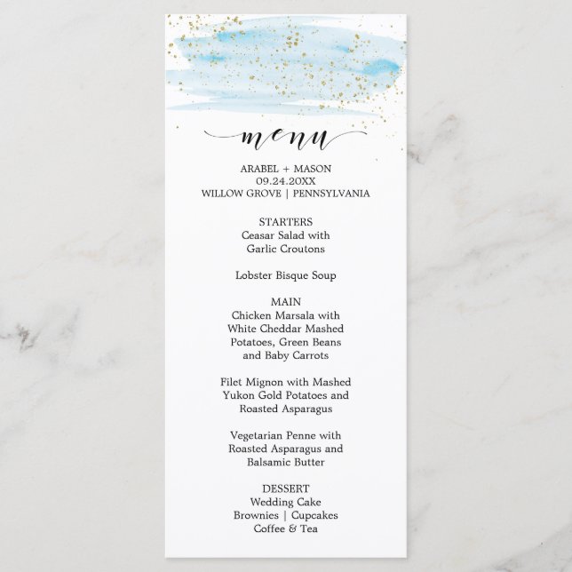 Menu de Casamento Azul e Sparkle Dourado com Cor d (Frente)