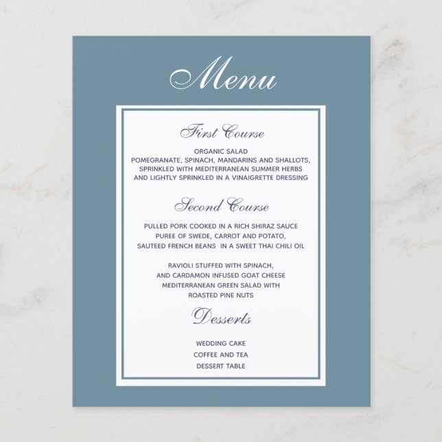 Menu de Casamento Azul Elegante Dusty (Frente)