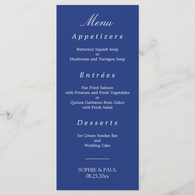 Menu de Casamento Azul Escuro Elegante (Frente)
