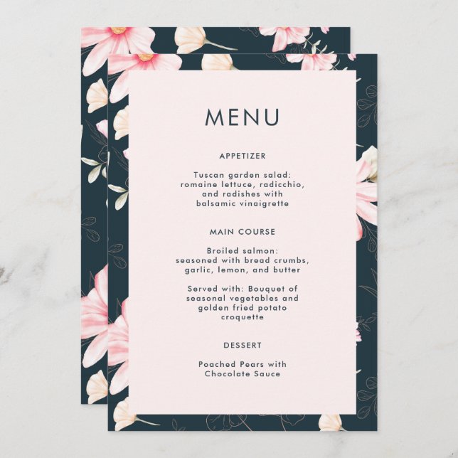 Menu de Casamento Azul Floral Belo Blush (Frente/Verso)