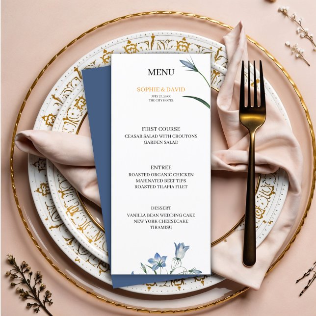 Menu de Casamento Azul Floral Elegante (Criador carregado)