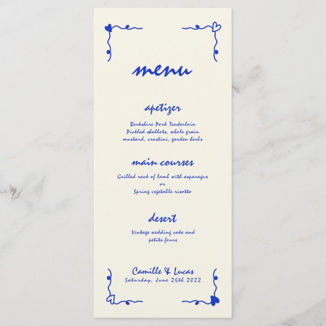 Menu de Casamento Azul Imperativo Retrópico (Frente)