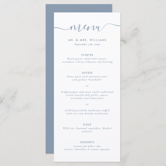 Menu de Casamento Azul Moderno Dusty (Frente/Verso)