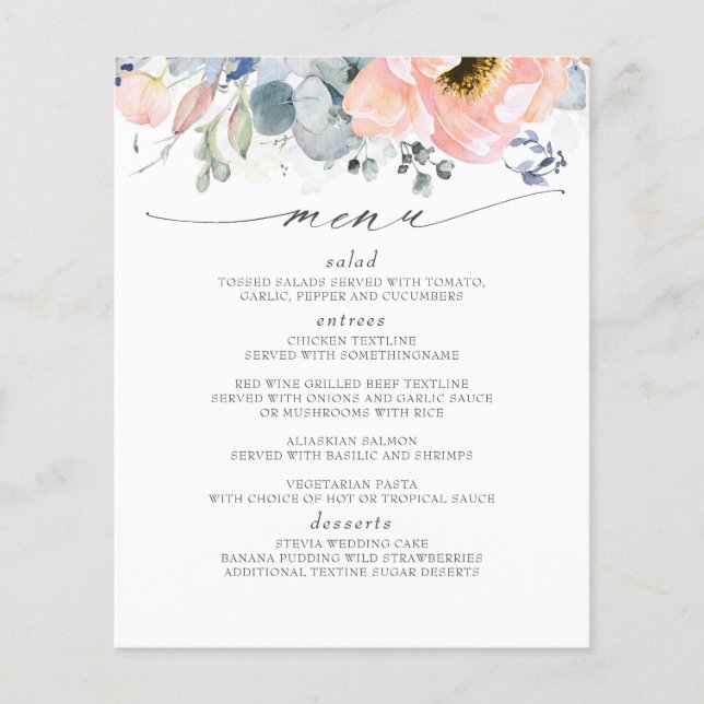 Menu de Casamento Azul Peach Floral Dusty (Frente)