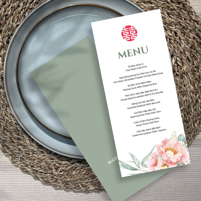 Menu de Casamento Bilíngue de Peonia Vietnamita (Criador carregado)
