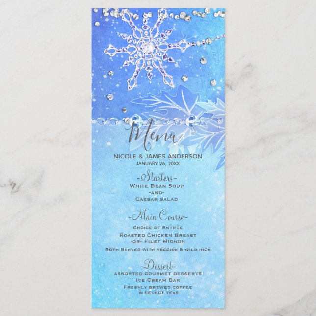 Menu de Casamento Blue Winter Leaves & Snowflakes (Frente)