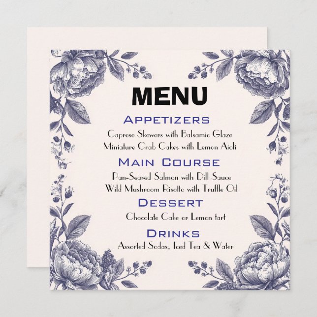Menu de Casamento Botânico de Engrenação Vintage (Frente/Verso)