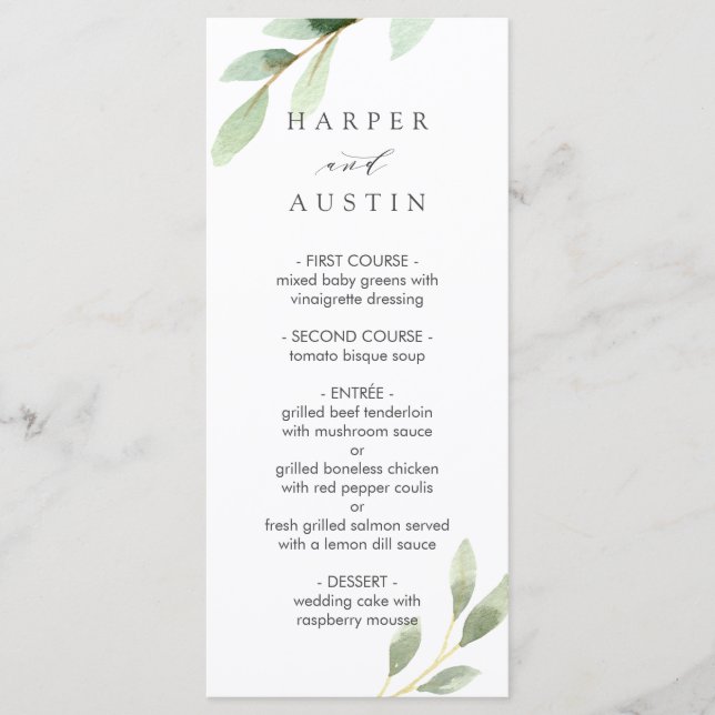 Menu de Casamento Botânico de Folhagem Verde (Frente)