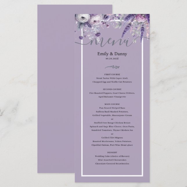 Menu de Casamento Botânico de Lavanda Elegante Mau (Frente/Verso)