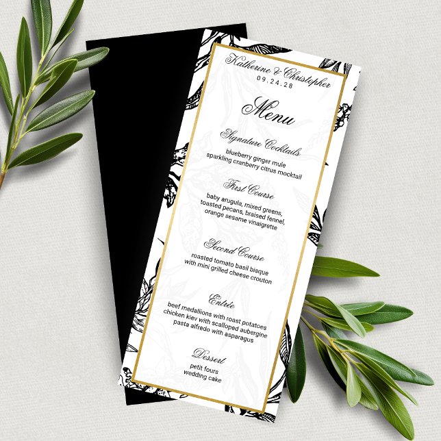 Menu de Casamento Botânico Dourado Elegante (Elegant Black Gold Botanical Wedding Menu)