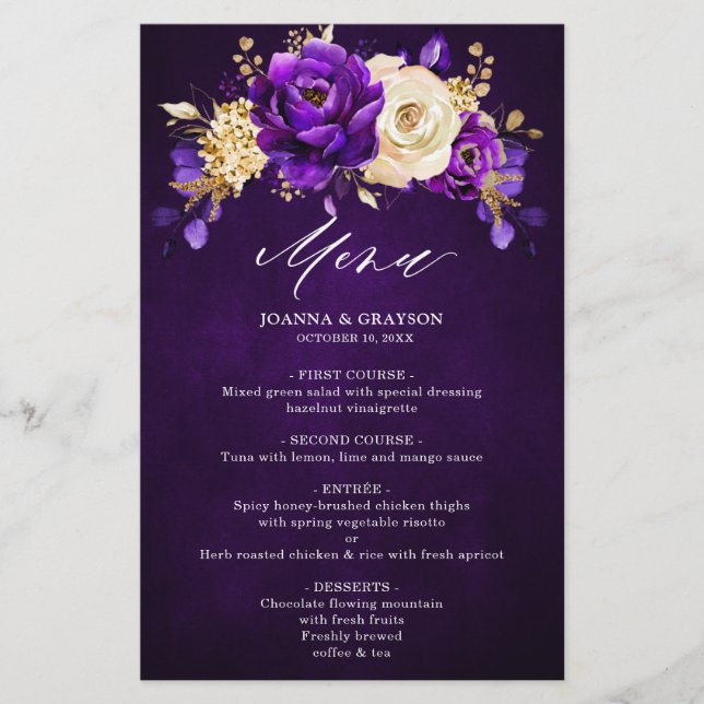 Menu de Casamento Botânico Dourado Violeta Roxo Re (Frente)