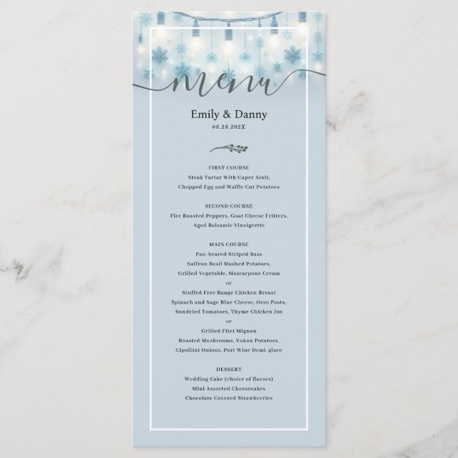 Menu de Casamento Botânico Elegante Azul Pastel (Frente)